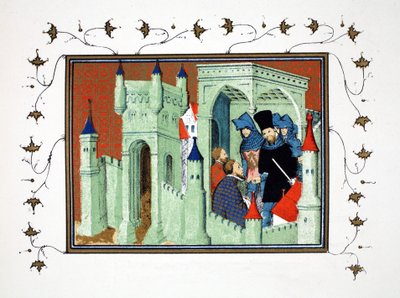 Innenansicht von Schloss Chester, als die Herzöge von Exeter und Surrey die Botschaft des Königs an den Herzog von Lancaster überbringen, Faksimile-Kopie aus Le Prinse et Mort du Roy Richart von Jean Creton, nachgedruckt im 19. Jahrhundert von French School